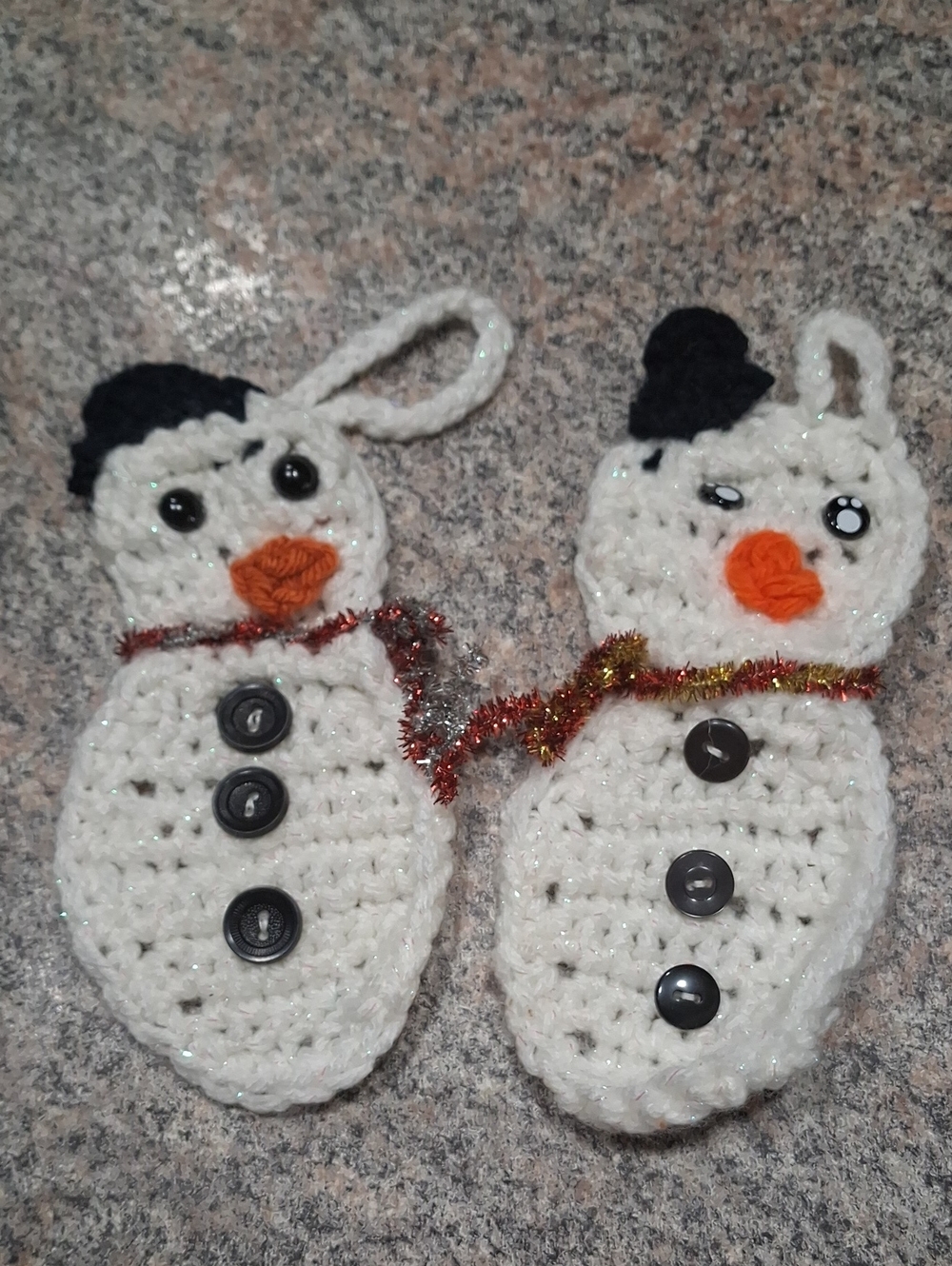 Handmade White Crocheted Snowman Ornament Pair with Orange Noses